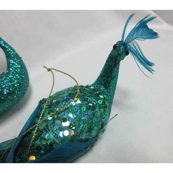 Teal Blue Glitter Sequins Peacock REAL Feather Tail Ornament Decor Holiday - Picture 3 of 6